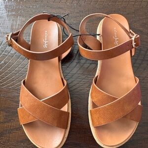 Maison Jules Tan Cross-Strap Ankle Buckle Sandals